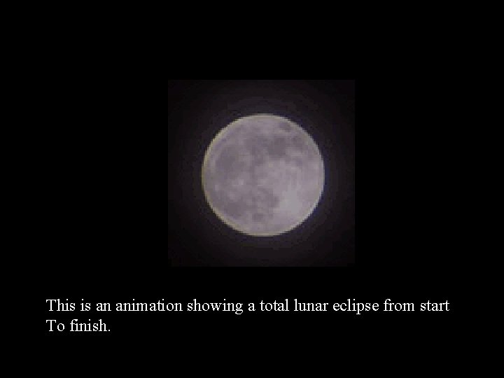 This is an animation showing a total lunar eclipse from start To finish. 