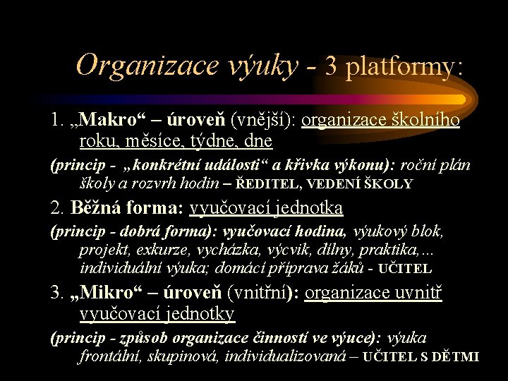 Organizace výuky - 3 platformy: 1. „Makro“ – úroveň (vnější): organizace školního roku, měsíce,