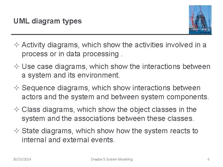 UML diagram types ² Activity diagrams, which show the activities involved in a process