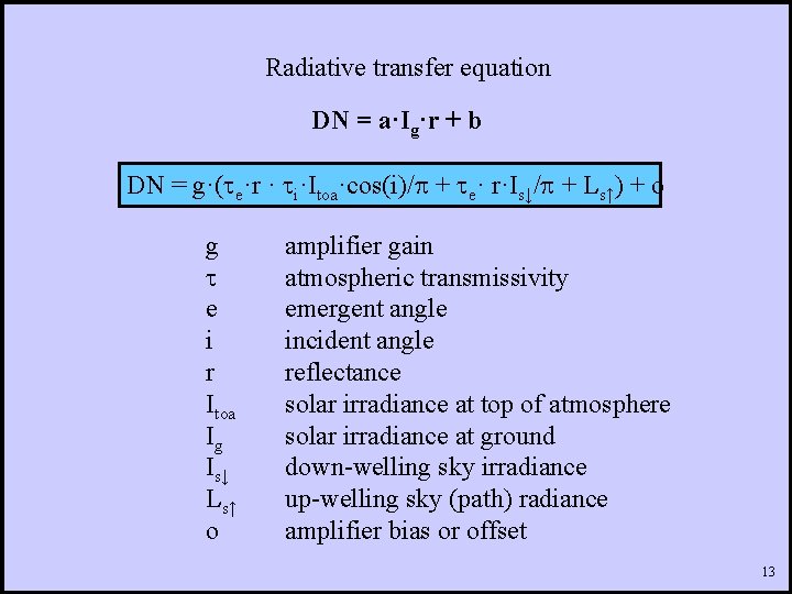 Radiative transfer equation DN = a·Ig·r + b DN = g·(te·r · ti·Itoa·cos(i)/p +