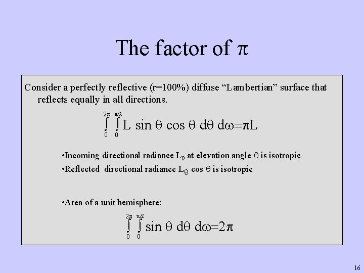 The factor of p Consider a perfectly reflective (r=100%) diffuse “Lambertian” surface that reflects