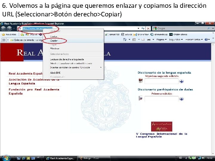 6. Volvemos a la página queremos enlazar y copiamos la dirección URL (Seleccionar>Botón derecho>Copiar)