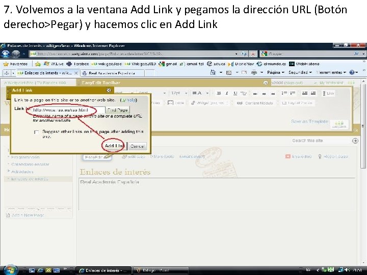 7. Volvemos a la ventana Add Link y pegamos la dirección URL (Botón derecho>Pegar)