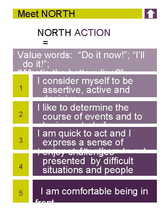 Meet NORTH ACTION = Value words: “Do it now!”; “I’ll do it!”; “What’s the