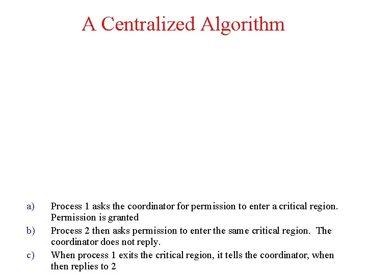 A Centralized Algorithm a) b) c) Process 1 asks the coordinator for permission to
