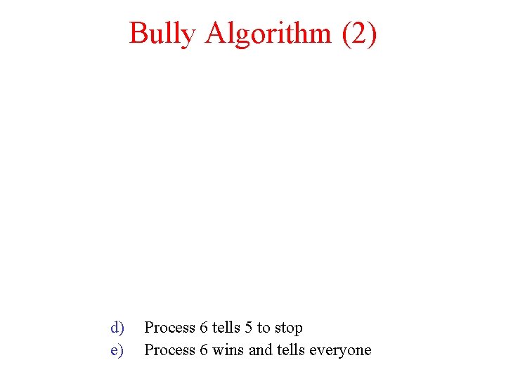 Bully Algorithm (2) d) e) Process 6 tells 5 to stop Process 6 wins