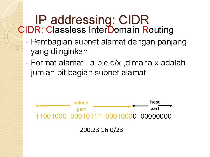 IP addressing: CIDR: Classless Inter. Domain Routing ◦ Pembagian subnet alamat dengan panjang yang