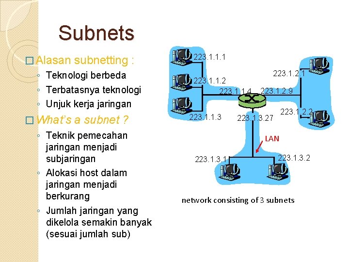 Subnets � Alasan subnetting : ◦ Teknologi berbeda ◦ Terbatasnya teknologi ◦ Unjuk kerja