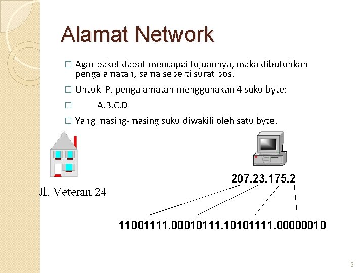 Alamat Network � Agar paket dapat mencapai tujuannya, maka dibutuhkan pengalamatan, sama seperti surat