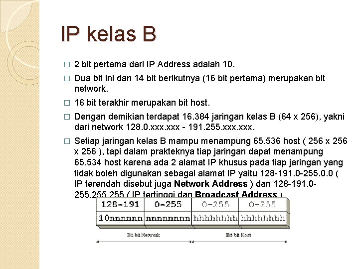 IP kelas B � 2 bit pertama dari IP Address adalah 10. � Dua