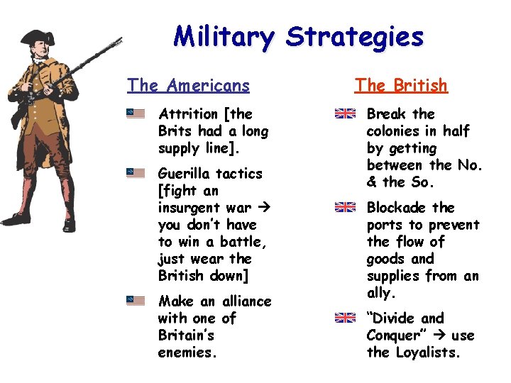 Military Strategies The Americans Attrition [the Brits had a long supply line]. Guerilla tactics