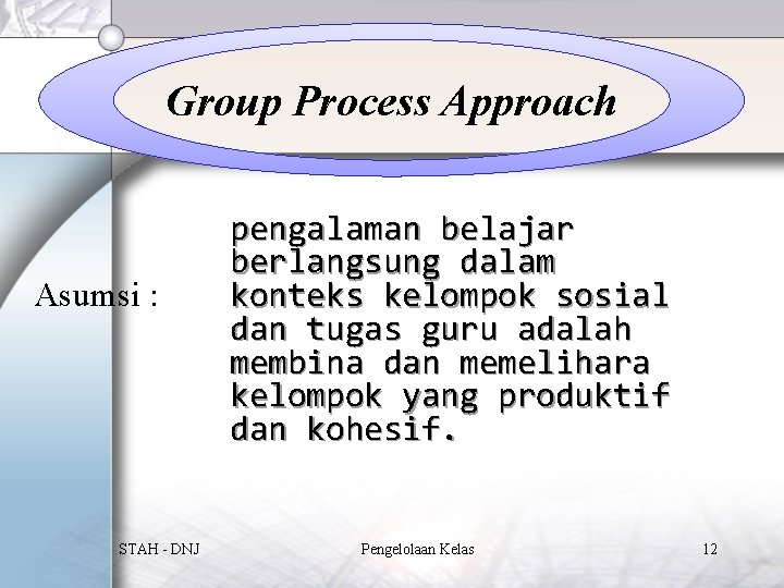 Group Process Approach Asumsi : STAH - DNJ pengalaman belajar berlangsung dalam konteks kelompok
