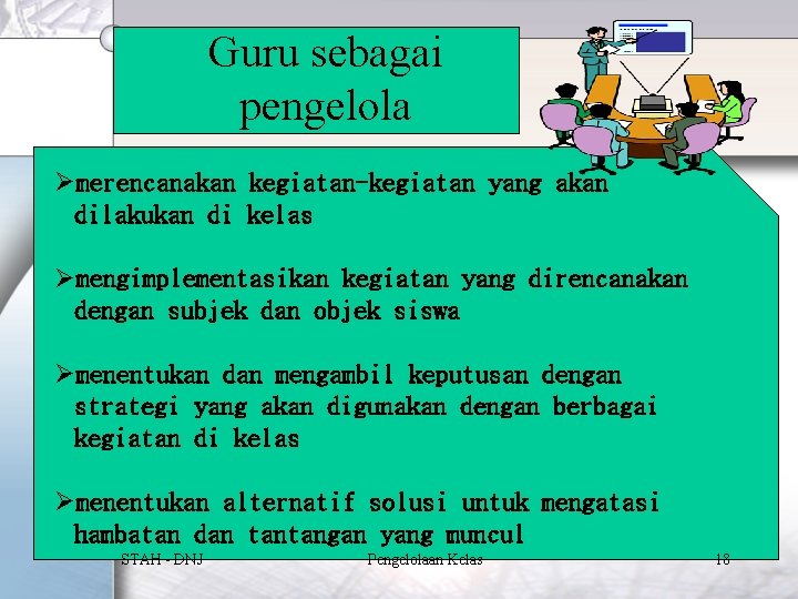 Guru sebagai pengelola Ømerencanakan kegiatan-kegiatan yang akan dilakukan di kelas Ømengimplementasikan kegiatan yang direncanakan