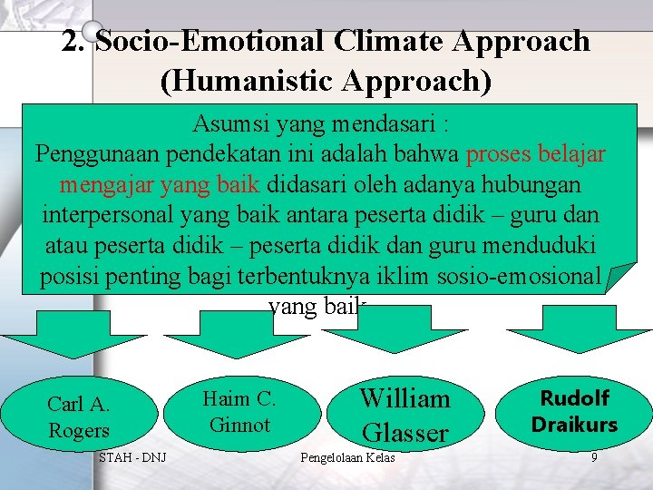 2. Socio-Emotional Climate Approach (Humanistic Approach) Asumsi yang mendasari : Penggunaan pendekatan ini adalah