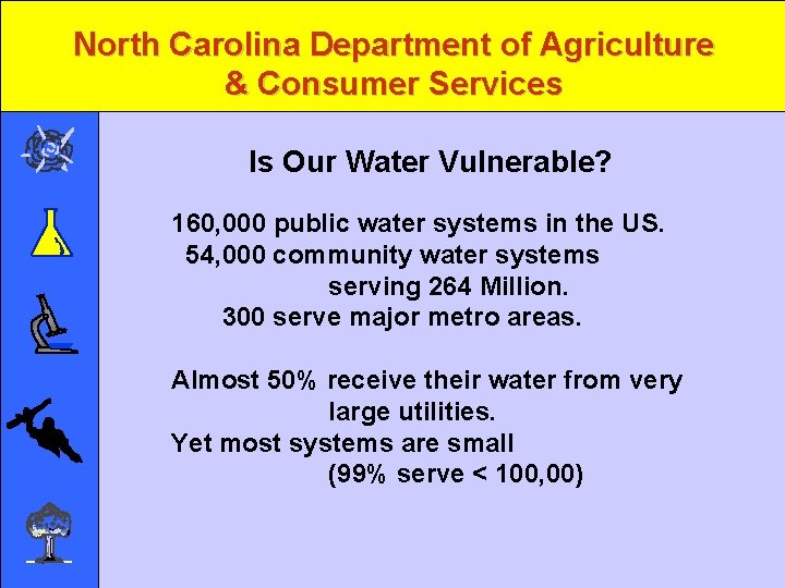 North Carolina Department of Agriculture & Consumer Services Is Our Water Vulnerable? 160, 000