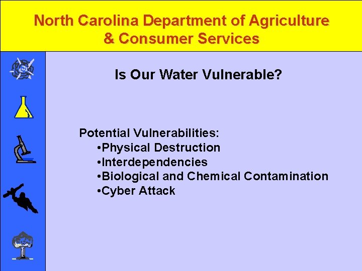 North Carolina Department of Agriculture & Consumer Services Is Our Water Vulnerable? Potential Vulnerabilities: