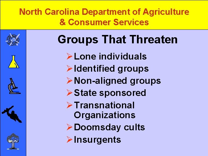 North Carolina Department of Agriculture & Consumer Services Groups That Threaten Ø Lone individuals