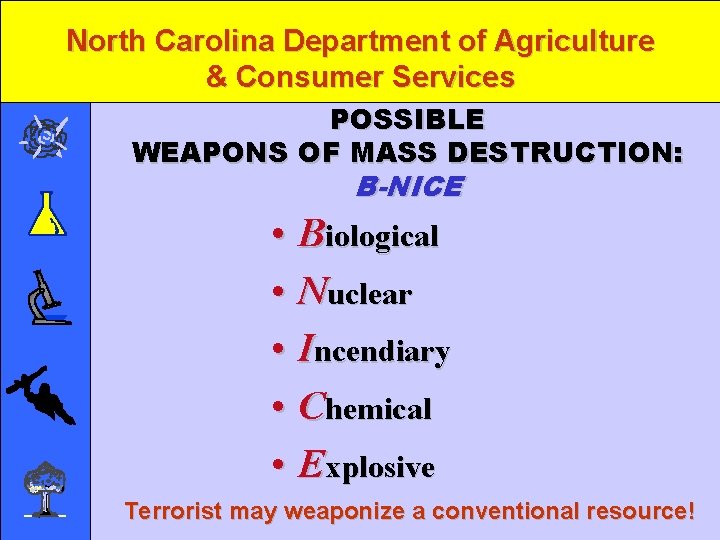 North Carolina Department of Agriculture & Consumer Services POSSIBLE WEAPONS OF MASS DESTRUCTION: B-NICE