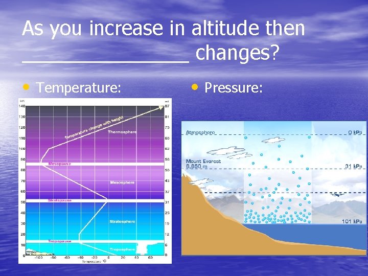 As you increase in altitude then ________ changes? • Temperature: • Pressure: 