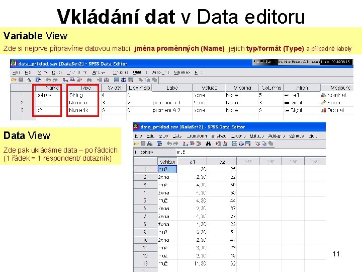 Vkládání dat v Data editoru Variable View Zde si nejprve připravíme datovou matici: jména