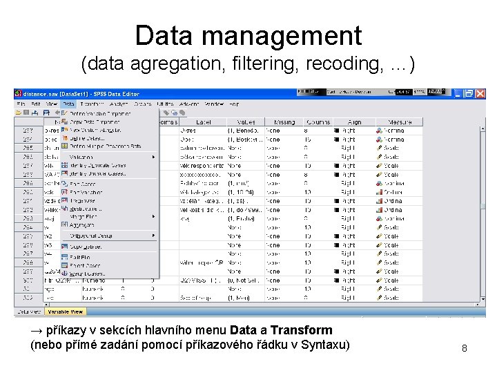 Data management (data agregation, filtering, recoding, …) → příkazy v sekcích hlavního menu Data