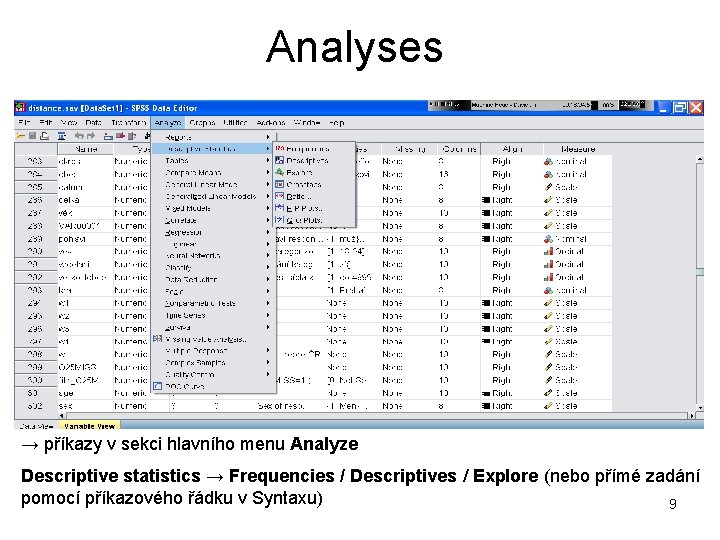 Analyses → příkazy v sekci hlavního menu Analyze Descriptive statistics → Frequencies / Descriptives