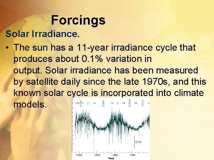 Forcings Solar Irradiance. • The sun has a 11 -year irradiance cycle that produces