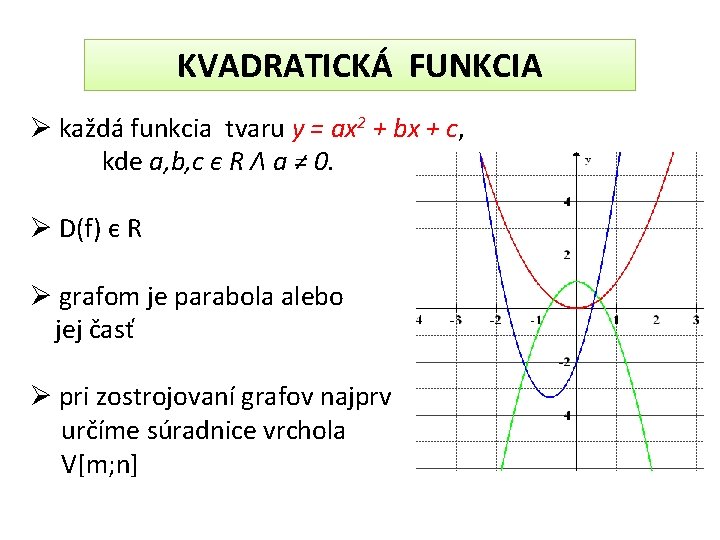 KVADRATICKÁ FUNKCIA Ø každá funkcia tvaru y = ax 2 + bx + c,