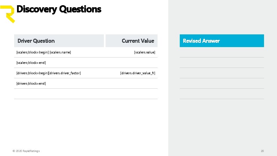 Discovery Questions Driver Question [scalers; block=begin] [scalers. name] Current Value Revised Answer [scalers. value]