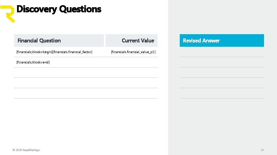 Discovery Questions Financial Question [financials; block=begin][financials. financial_factor] Current Value Revised Answer [financials. financial_value_p 2]