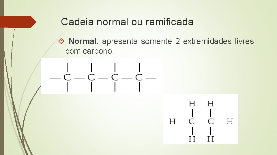 Cadeia normal ou ramificada Normal: apresenta somente 2 extremidades livres com carbono. 