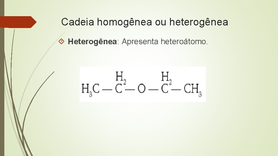 Cadeia homogênea ou heterogênea Heterogênea: Apresenta heteroátomo. 
