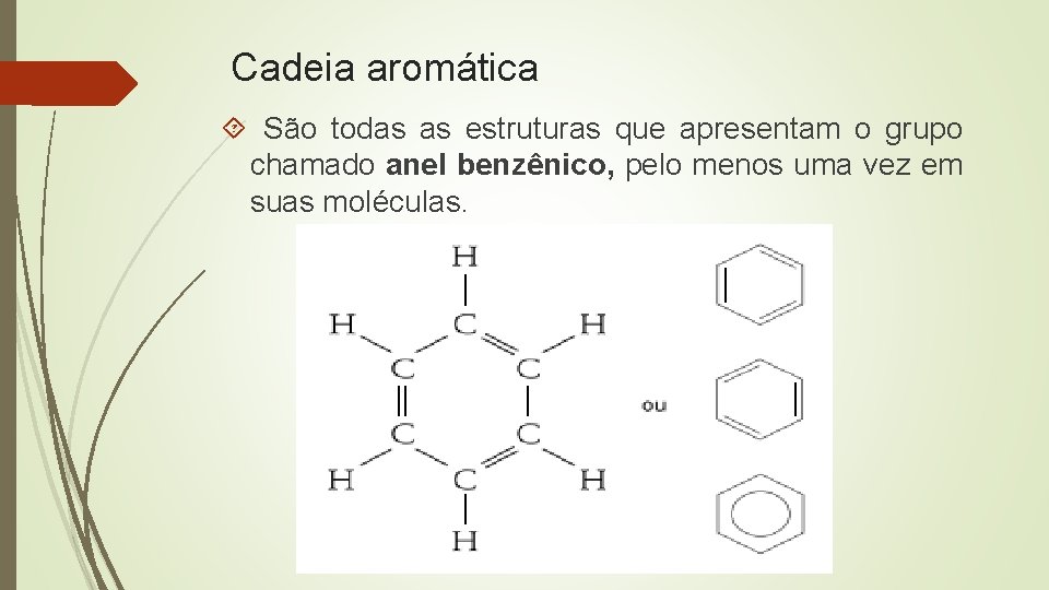 Cadeia aromática São todas as estruturas que apresentam o grupo chamado anel benzênico, pelo