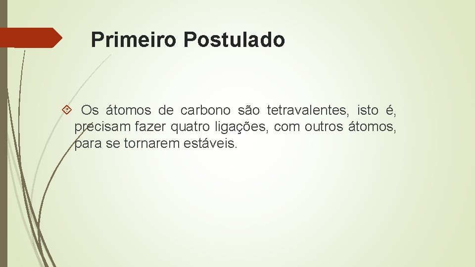 Primeiro Postulado Os átomos de carbono são tetravalentes, isto é, precisam fazer quatro ligações,