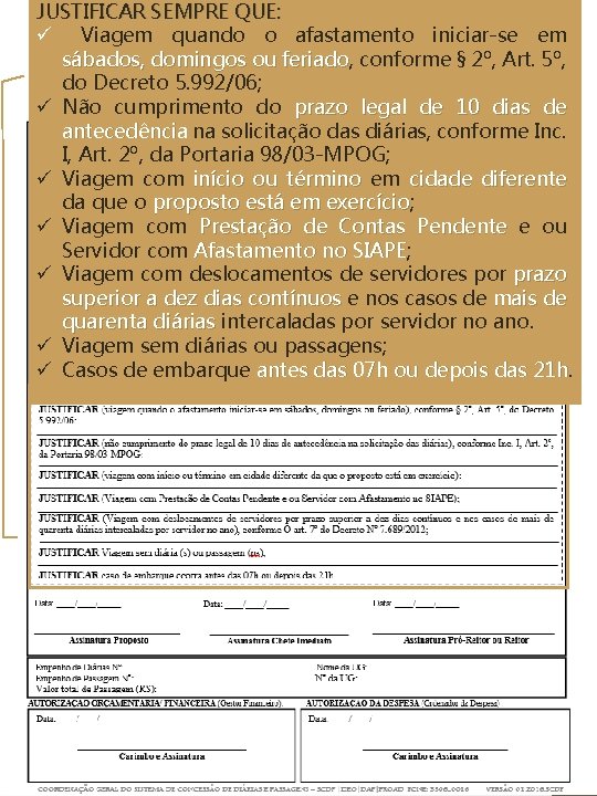 JUSTIFICAR SEMPRE QUE: ü Viagem quando o afastamento iniciar-se em sábados, domingos ou feriado,