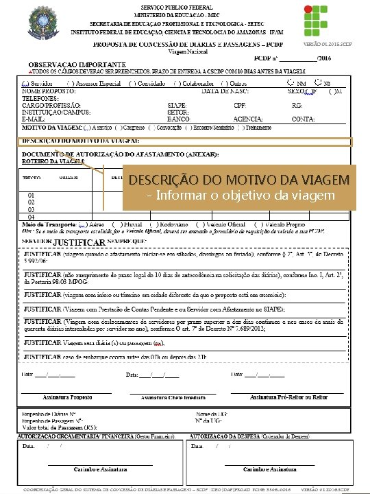 DESCRIÇÃO DO MOTIVO DA VIAGEM - Informar o objetivo da viagem 