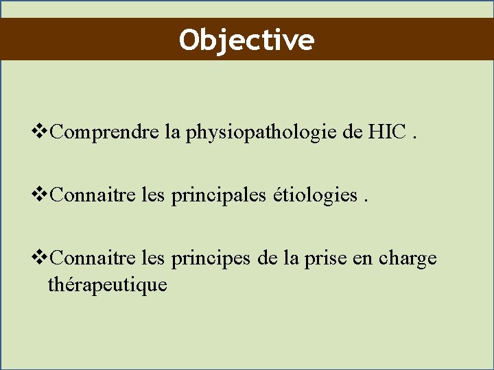 Objective v. Comprendre la physiopathologie de HIC. v. Connaitre les principales étiologies. v. Connaitre