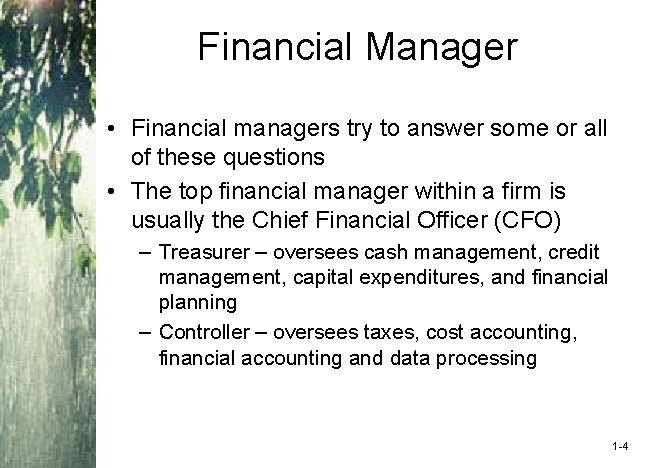 Financial Manager • Financial managers try to answer some or all of these questions