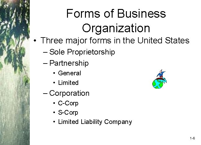 Forms of Business Organization • Three major forms in the United States – Sole
