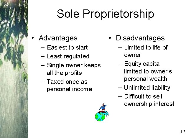 Sole Proprietorship • Advantages – Easiest to start – Least regulated – Single owner