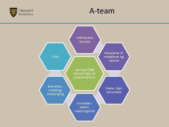 A-team Individuelle forhold Relasjoner til medelever og voksne fritid Læringsmiljø/ Forklaringer på problematferd elevrollen,