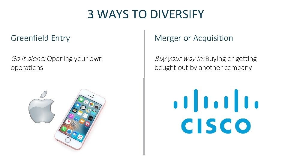 3 WAYS TO DIVERSIFY Greenfield Entry Merger or Acquisition Go it alone: Opening your