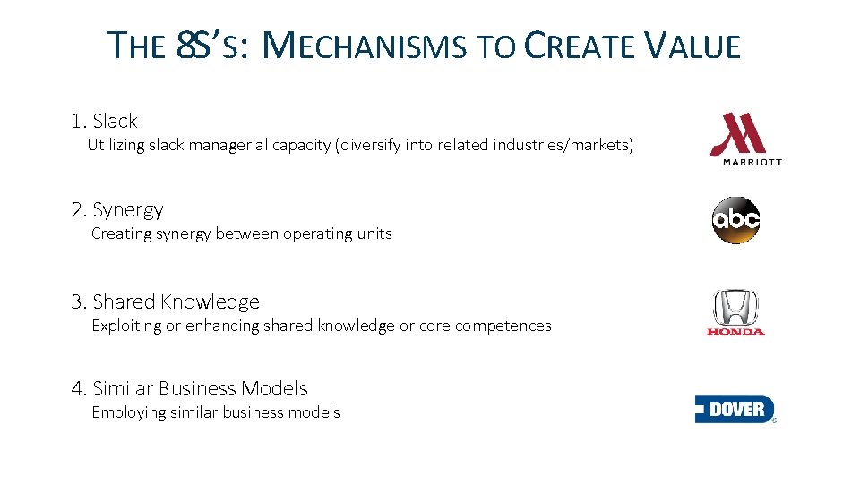 THE 8 S’S: MECHANISMS TO CREATE VALUE 1. Slack Utilizing slack managerial capacity (diversify