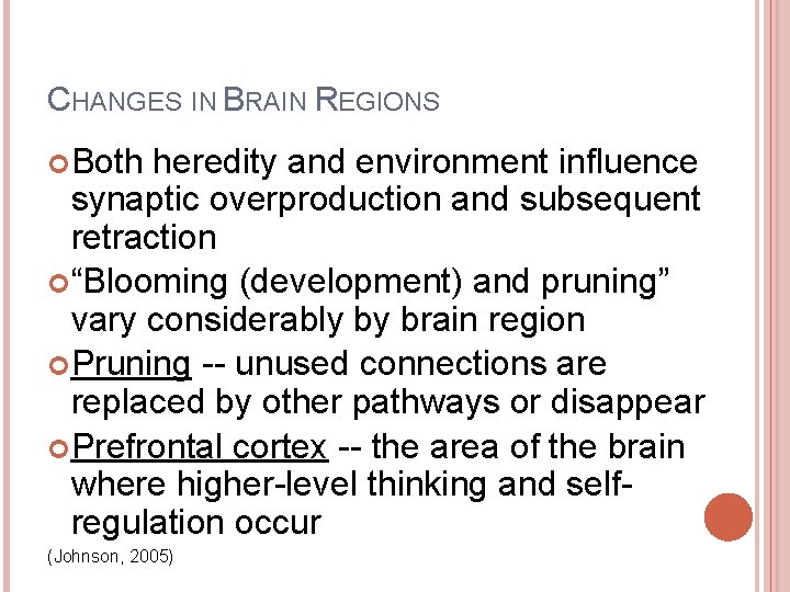 CHANGES IN BRAIN REGIONS Both heredity and environment influence synaptic overproduction and subsequent retraction