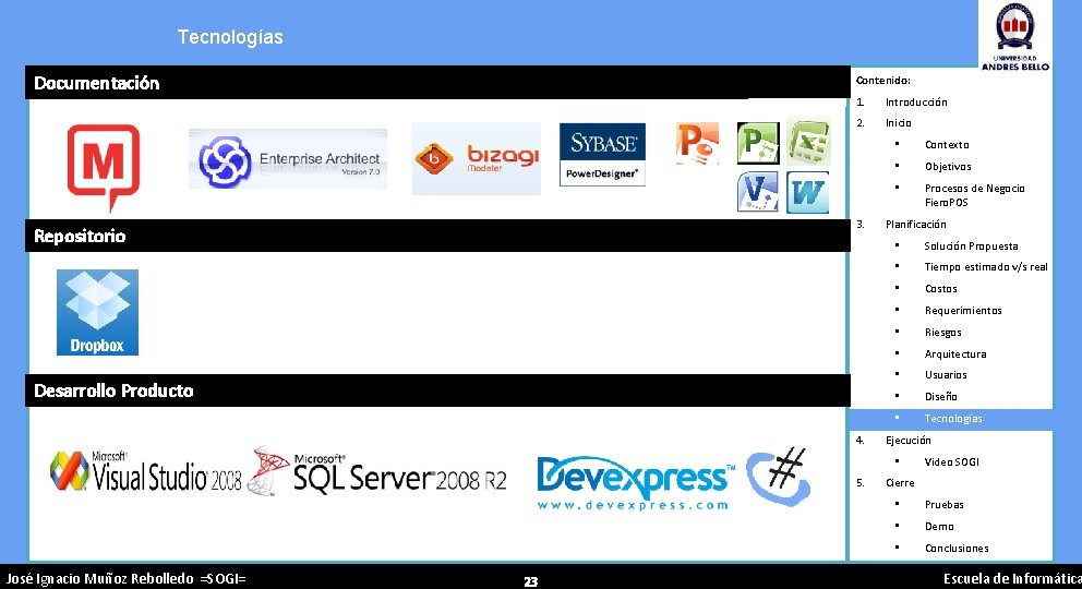Tecnologías Documentación Contenido: 1. Introducción 2. Inicio 3. Repositorio Desarrollo Producto 4. • Contexto