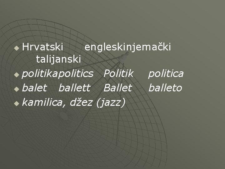 Hrvatski engleski njemački talijanski u politika politics Politik politica u balet ballett Ballet balleto