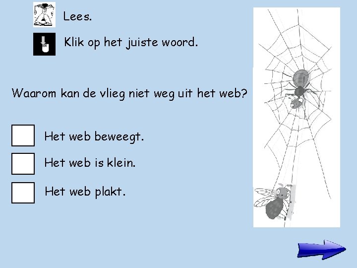 Lees. Klik op het juiste woord. Waarom kan de vlieg niet weg uit het