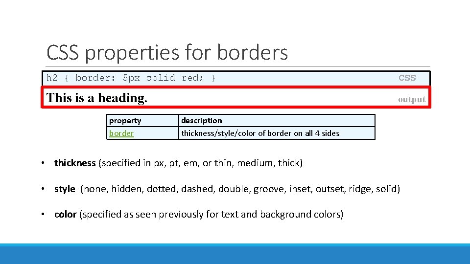 CSS properties for borders h 2 { border: 5 px solid red; } CSS