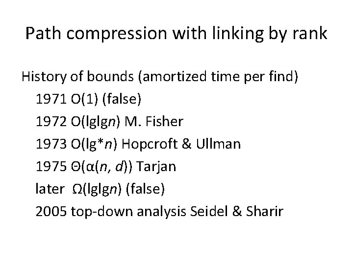 Path compression with linking by rank History of bounds (amortized time per find) 1971
