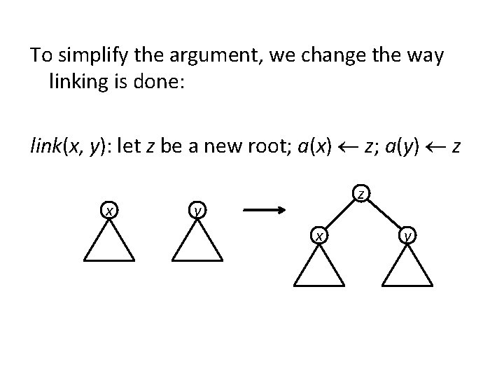 To simplify the argument, we change the way linking is done: link(x, y): let